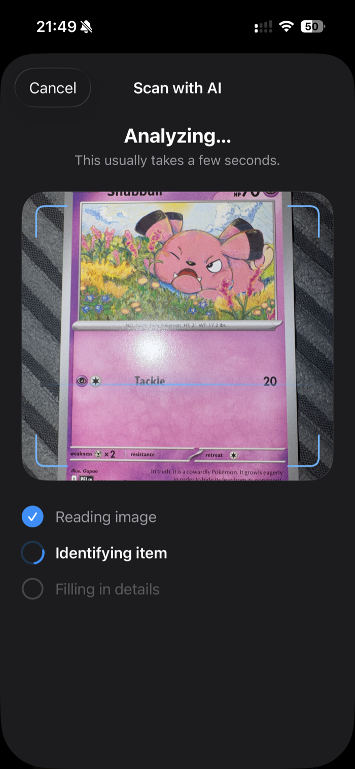 additem.to scanning a Snubbull Pokémon card with AI, showing the Reading image and Identifying item steps