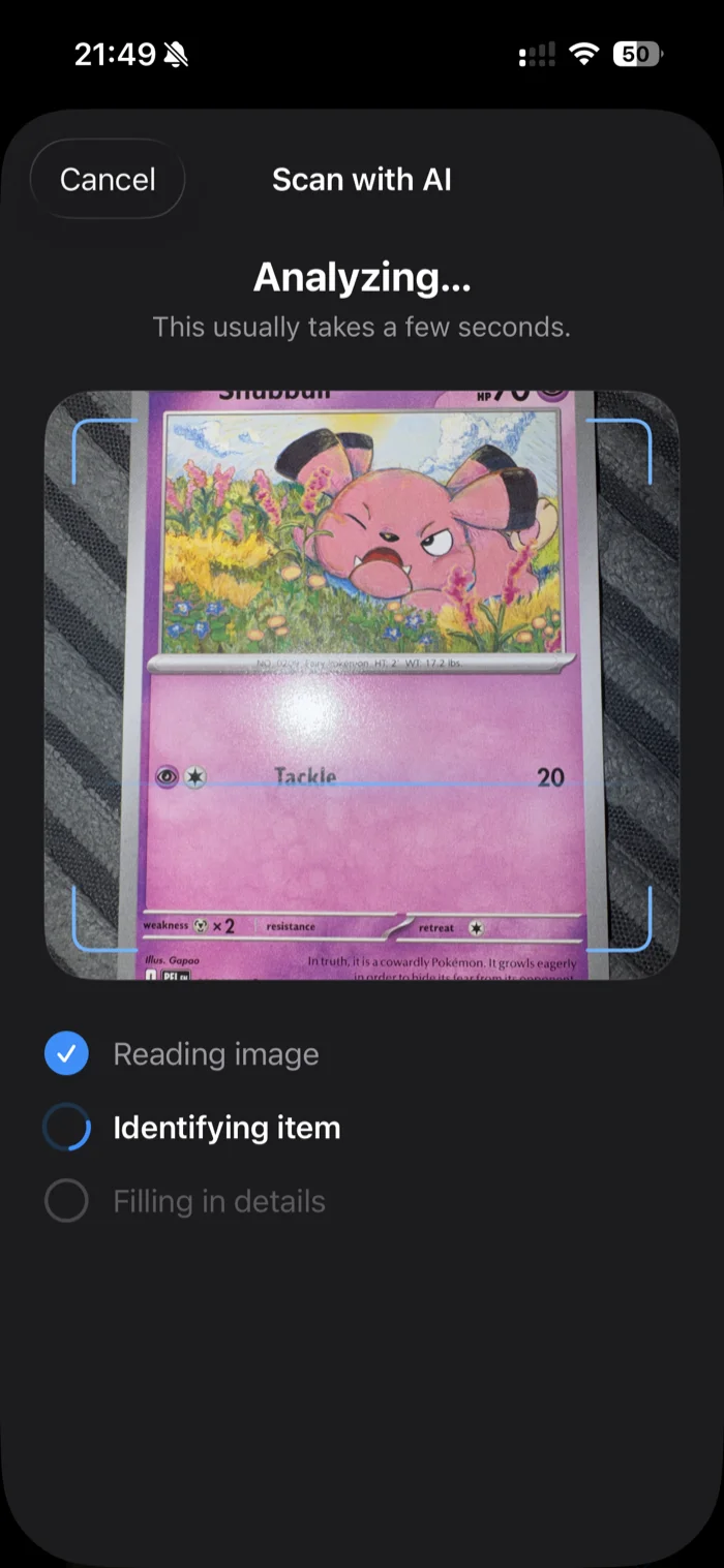 additem.to scanning a Snubbull Pokémon card with AI, showing the Reading image and Identifying item steps