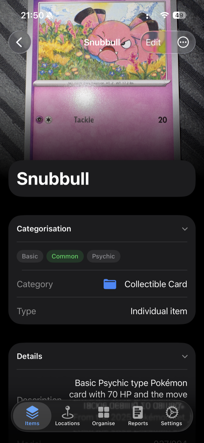 A saved Snubbull card in additem.to showing its photo, the Collectible Card category, and Psychic, Basic and Common tags