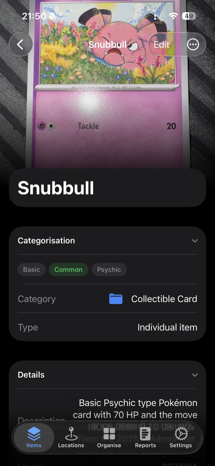 A saved Snubbull card in additem.to showing its photo, the Collectible Card category, and Psychic, Basic and Common tags