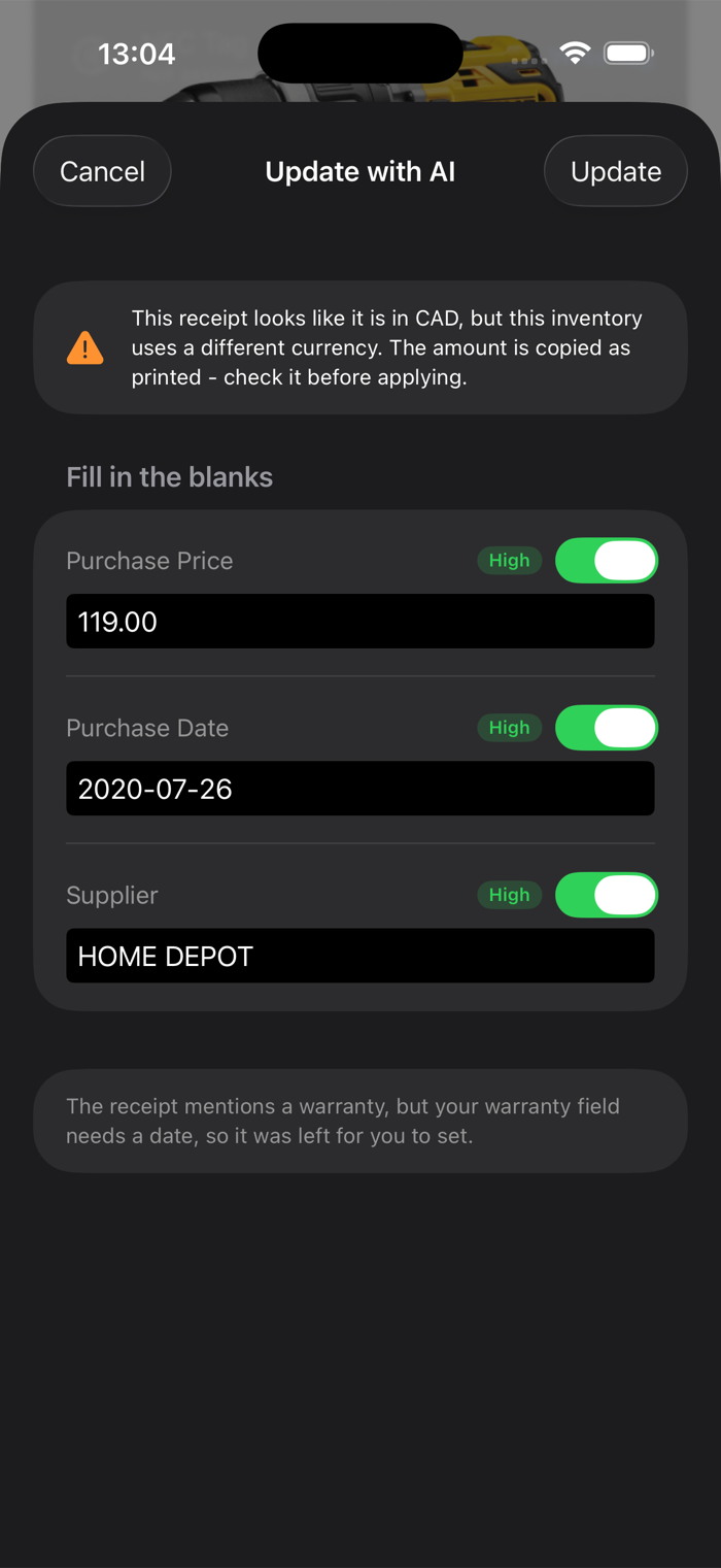 The Update with AI review screen showing Purchase Price, Purchase Date and Supplier read from a receipt, each with a confidence badge and its own switch, above a warning that the receipt currency differs from the inventory