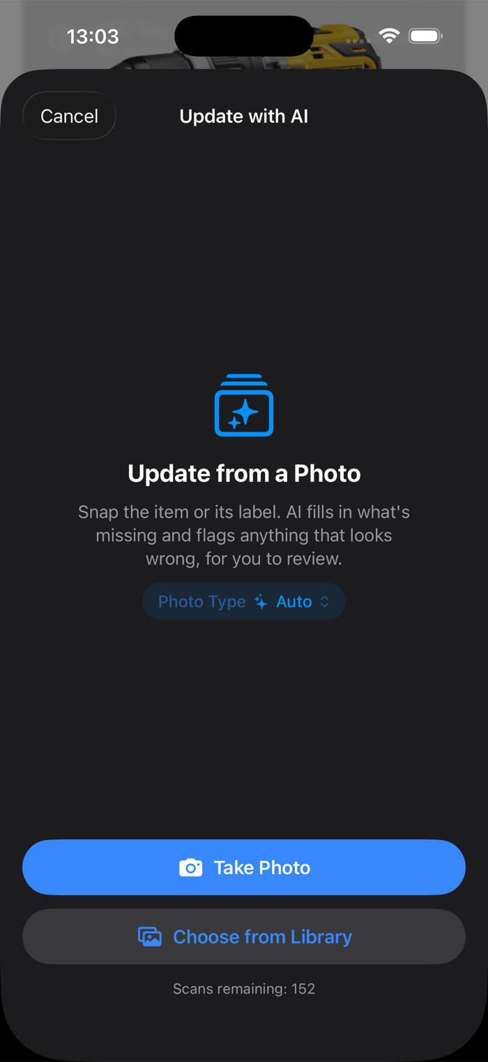 The Update from a Photo screen in additem.to with the Photo Type set to Auto, and buttons to Take Photo or Choose from Library