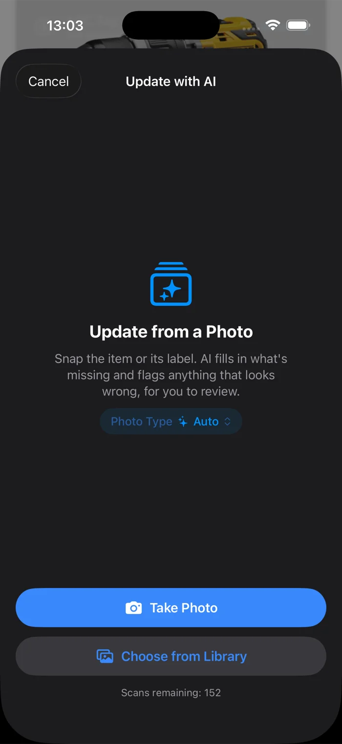 The Update from a Photo screen in additem.to with the Photo Type set to Auto, and buttons to Take Photo or Choose from Library