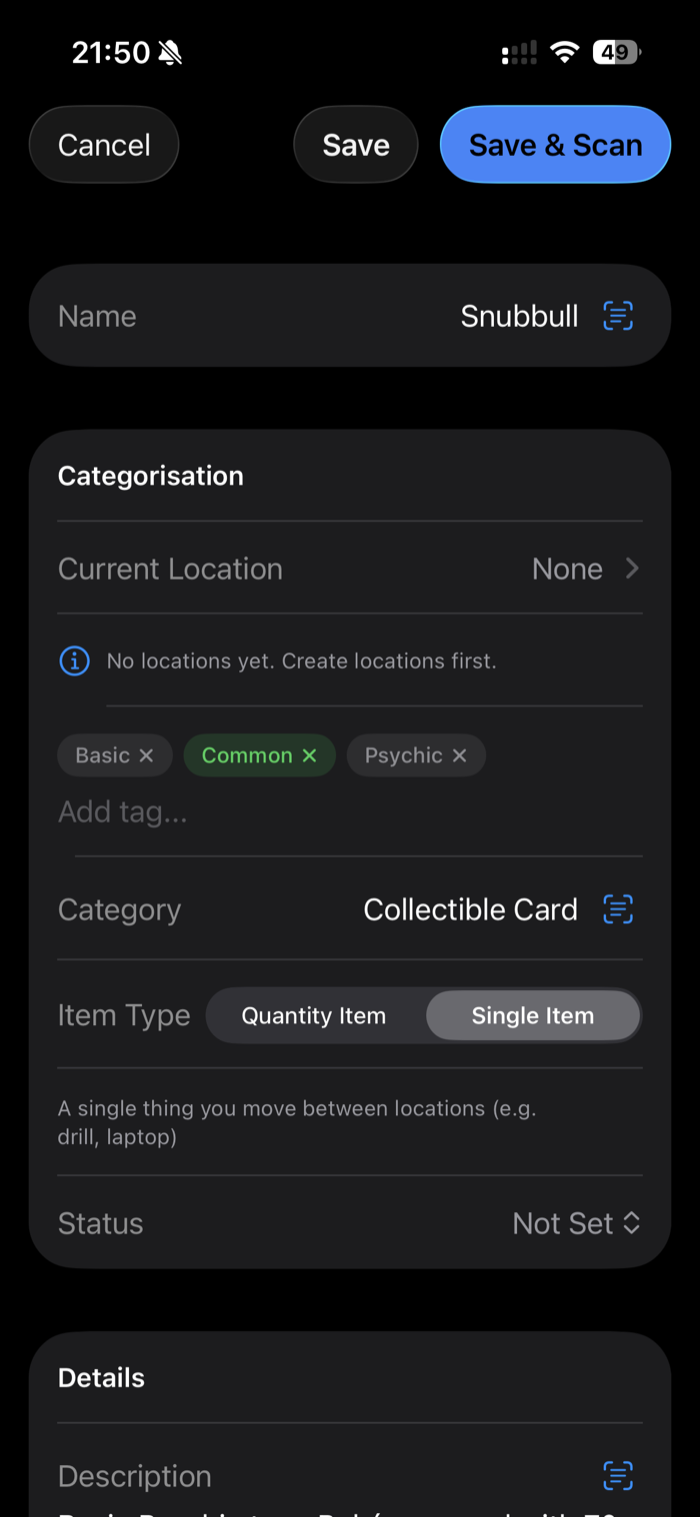 The additem.to new item form pre-filled by AI for Snubbull: the name, a Collectible Card category, and Psychic, Basic and Common tags