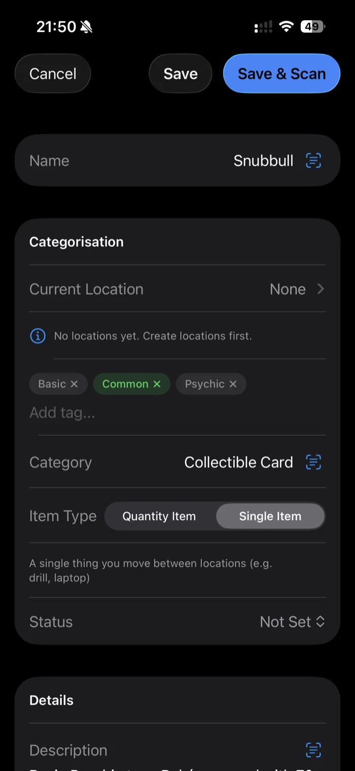 The additem.to new item form pre-filled by AI for Snubbull: the name, a Collectible Card category, and Psychic, Basic and Common tags