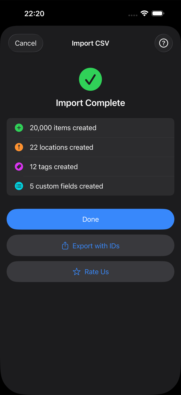 The Import Complete screen in additem.to: 20,000 items created, 22 locations created, 12 tags created, 5 custom fields created, with Done and Export with IDs buttons