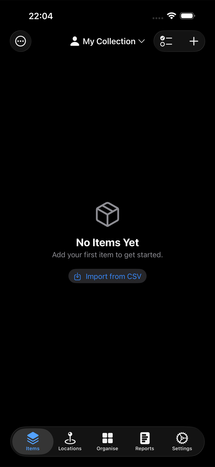 A new empty inventory in additem.to with an Import from CSV button under the No Items Yet message