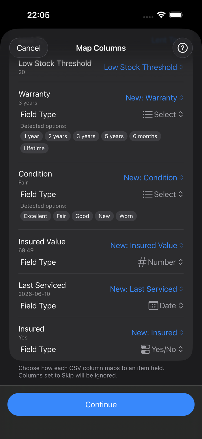 The Map Columns screen showing new custom fields detected from CSV columns: Warranty and Condition as selects with detected options, Insured Value as a number, Last Serviced as a date, and Insured as yes/no