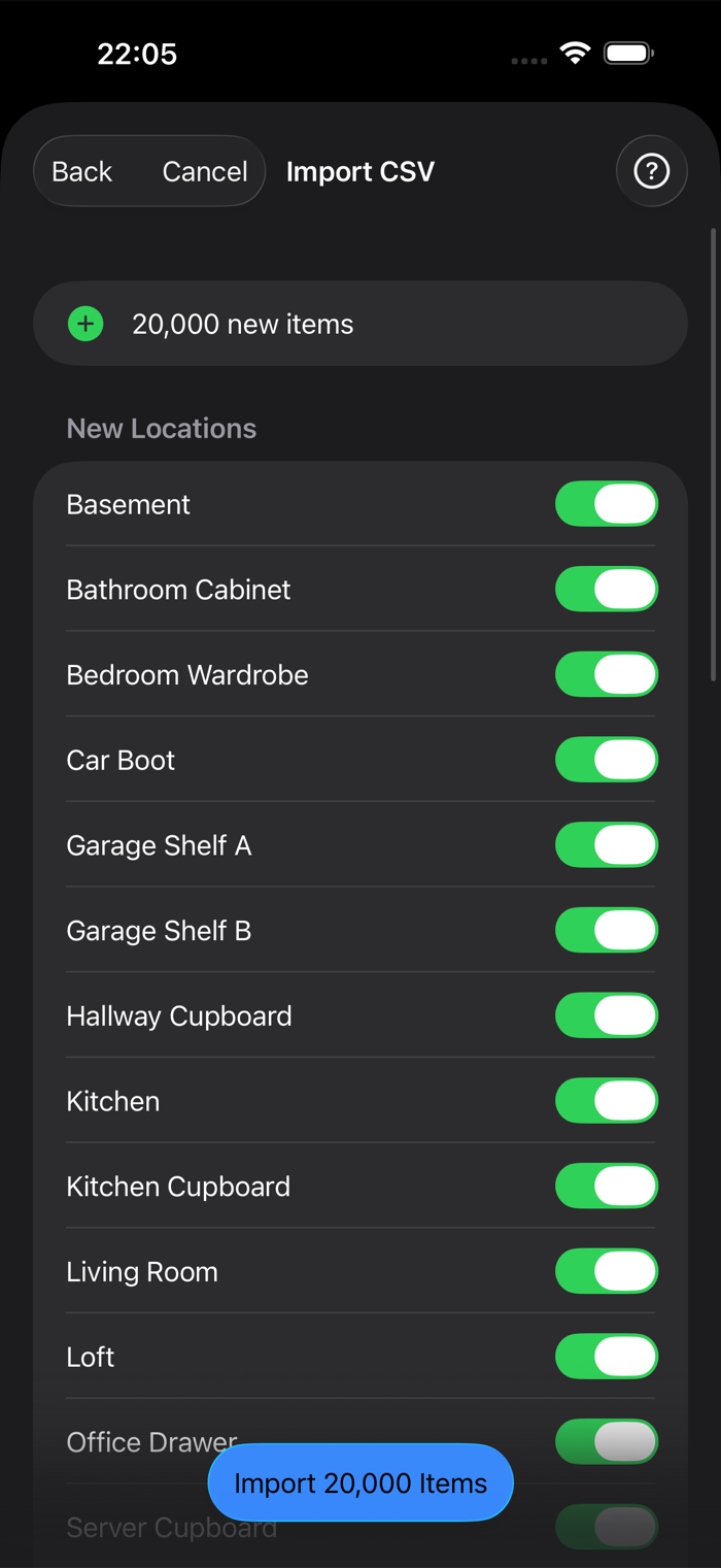 The import review screen listing new locations found in the CSV, each with a toggle, above an Import 20,000 Items button