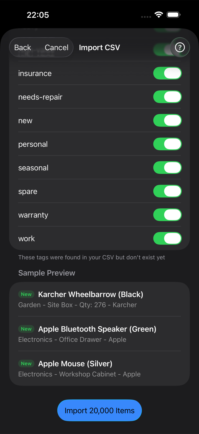 The import review screen listing new tags from the CSV with toggles, and a sample preview of items about to be imported
