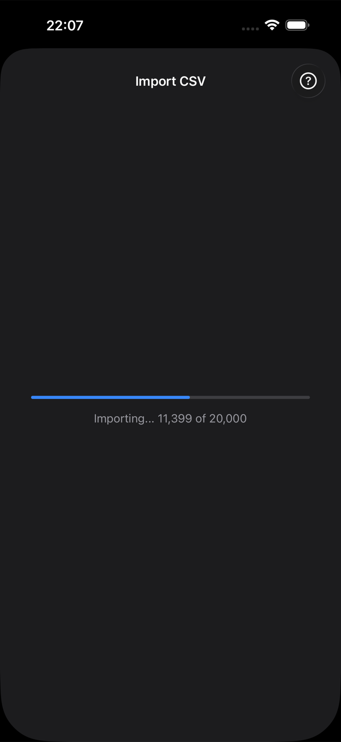 The import progress screen showing a progress bar at Importing 11,399 of 20,000