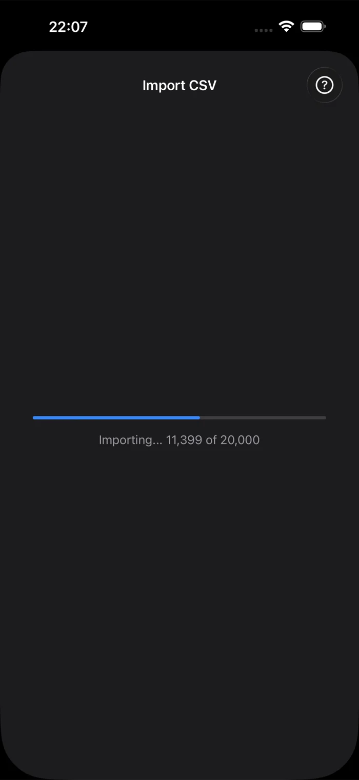 The import progress screen showing a progress bar at Importing 11,399 of 20,000