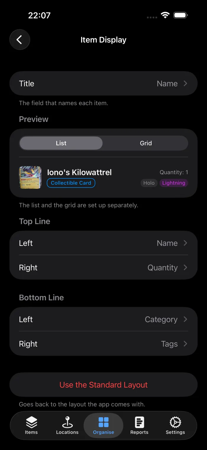 The Item Display screen in additem.to, with the Title setting at the top, a live preview of a Pokemon card row showing Quantity: 1, and pickers for the top line and bottom line of each row