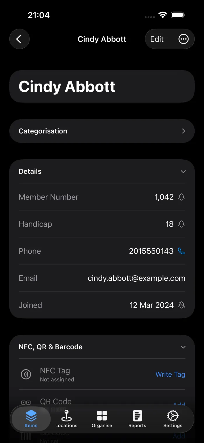 An item screen in additem.to headed Cindy Abbott, built from the First Name and Last Name fields, with member number, handicap, phone, email and joining date below