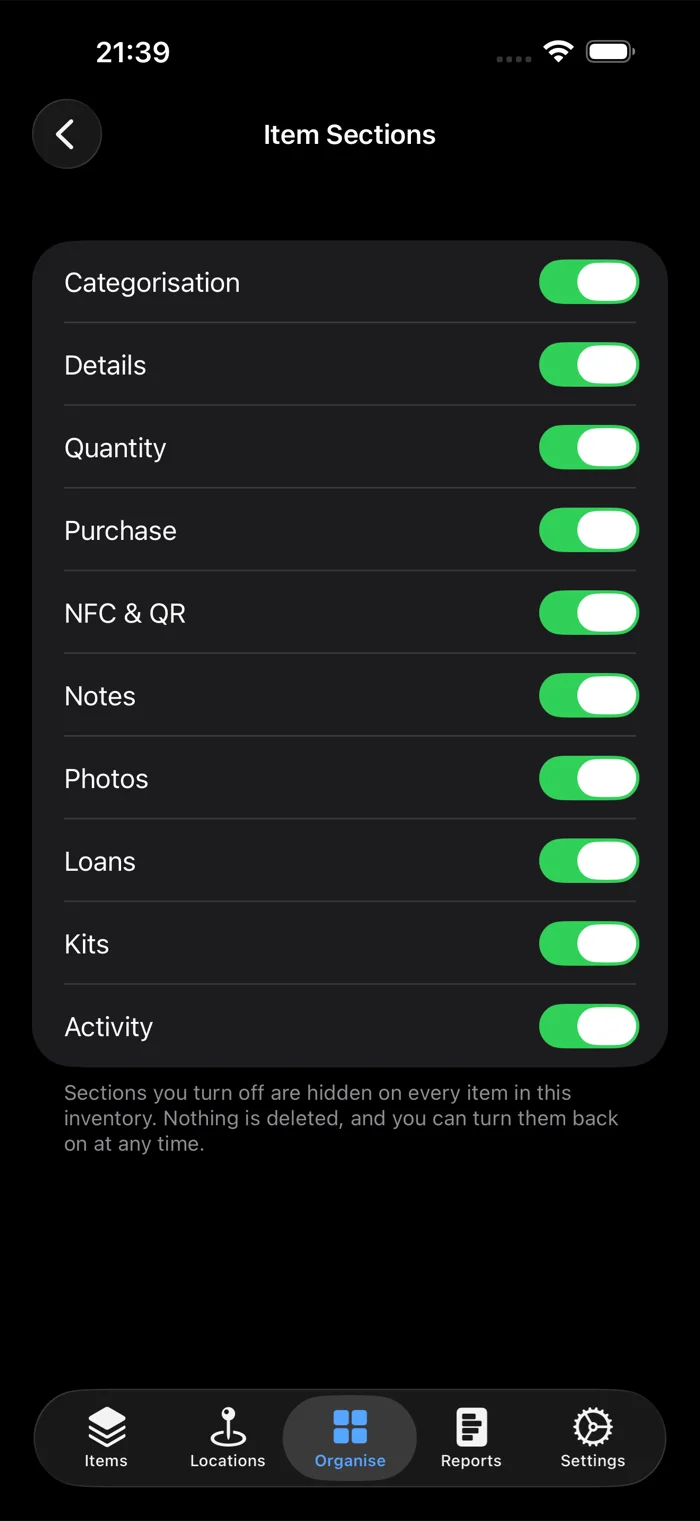 The Item Sections screen in additem.to with switches for Categorisation, Details, Quantity, Purchase, NFC and QR, Notes, Photos, Loans, Kits and Activity