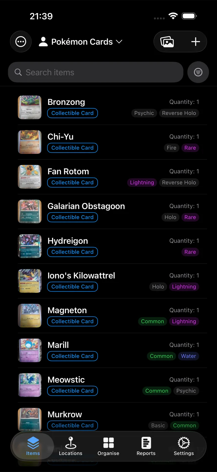A Pokemon card inventory in additem.to where each row shows the card name, quantity, a Collectible Card category and two tags such as Psychic and Reverse Holo