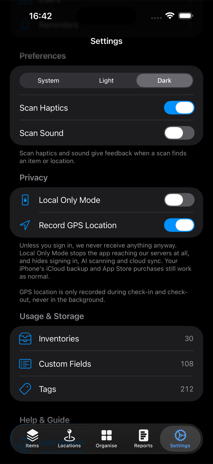 additem.to Settings showing a Privacy section containing two switches, Local Only Mode and Record GPS Location, with text explaining what each one does