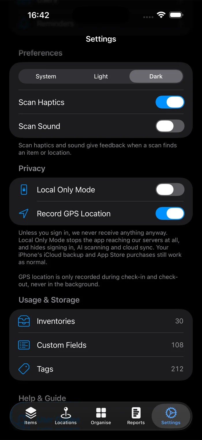 additem.to Settings showing a Privacy section containing two switches, Local Only Mode and Record GPS Location, with text explaining what each one does
