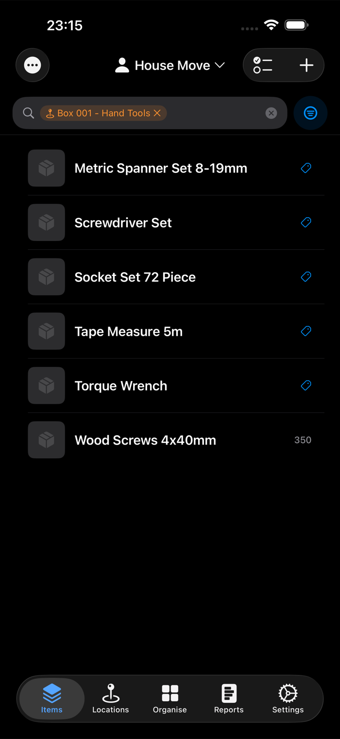 The additem.to items list filtered to Box 001 - Hand Tools, listing a spanner set, screwdriver set, socket set, tape measure, torque wrench and wood screws