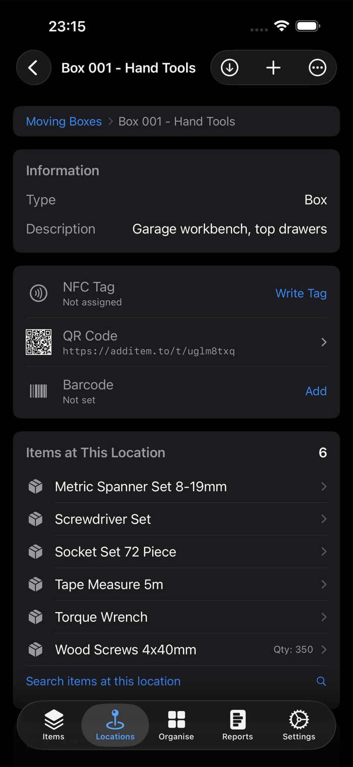 A moving box location in additem.to named Box 001 - Hand Tools, showing its QR code and the six tools packed inside, including a socket set, torque wrench and tape measure