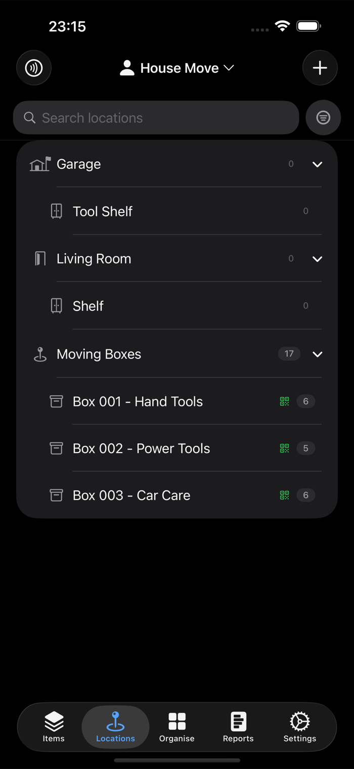 The locations list in additem.to showing three moving boxes as locations under a Moving Boxes parent, each with a QR code badge and an item count, alongside Garage and Living Room locations for the new house