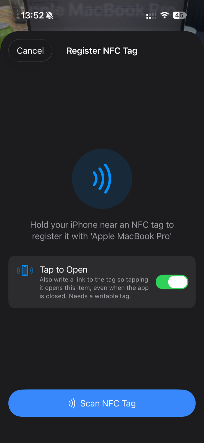 The Register NFC Tag sheet in additem.to prompting the user to hold the iPhone near a tag, with a Tap to Open toggle and a Scan NFC Tag button