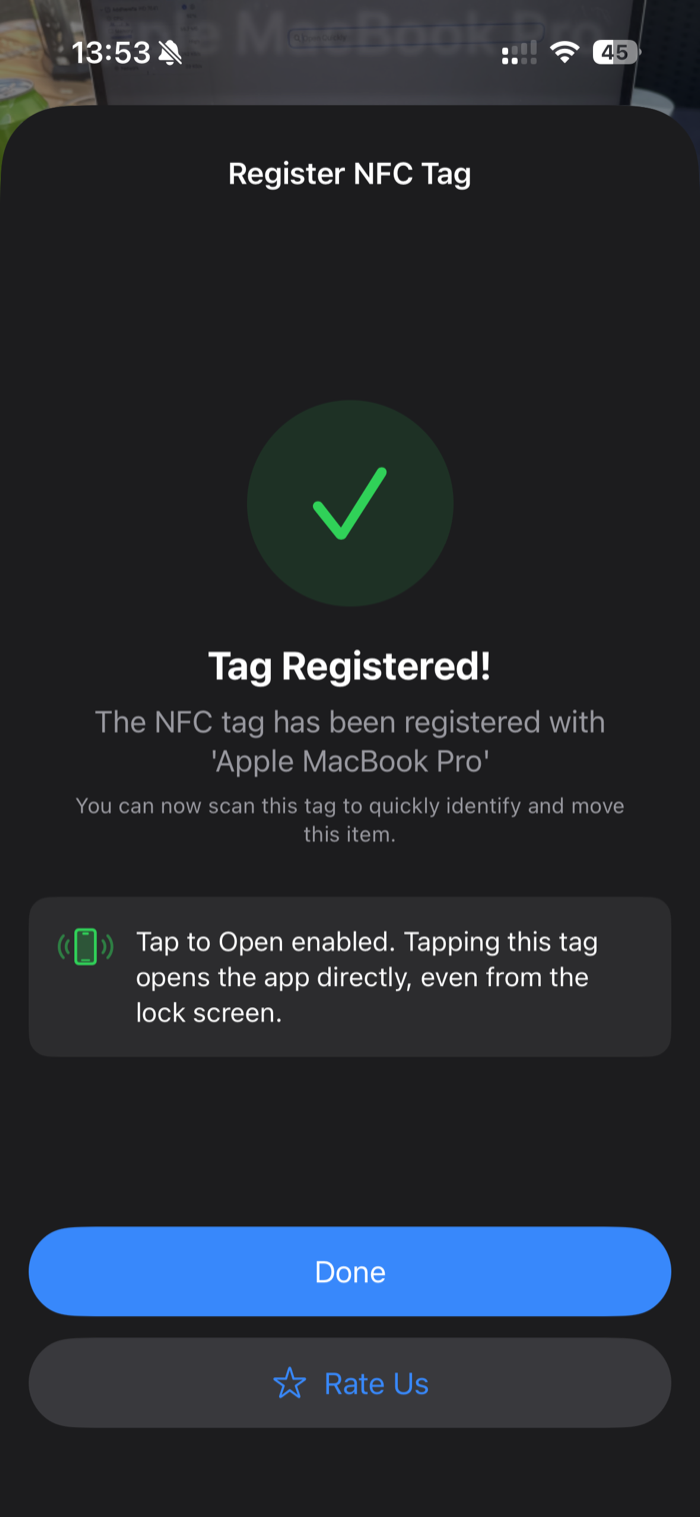 The Tag Registered confirmation in additem.to with a green tick, a message that the NFC tag is registered, and a note that Tap to Open is enabled so tapping the tag opens the app directly, even from the lock screen