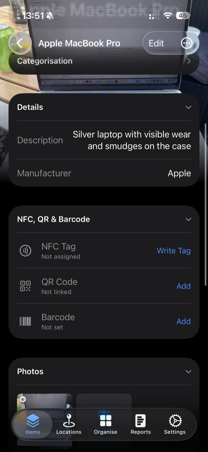 An item's detail screen in additem.to with an NFC, QR & Barcode section: an NFC Tag row set to Not assigned with a Write Tag button, plus QR Code and Barcode rows