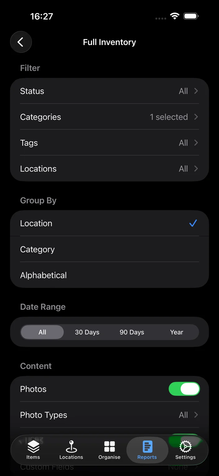 The Full Inventory report options in additem.to, showing the Filter section with Status, Categories, Tags and Locations, and Categories set to 1 selected