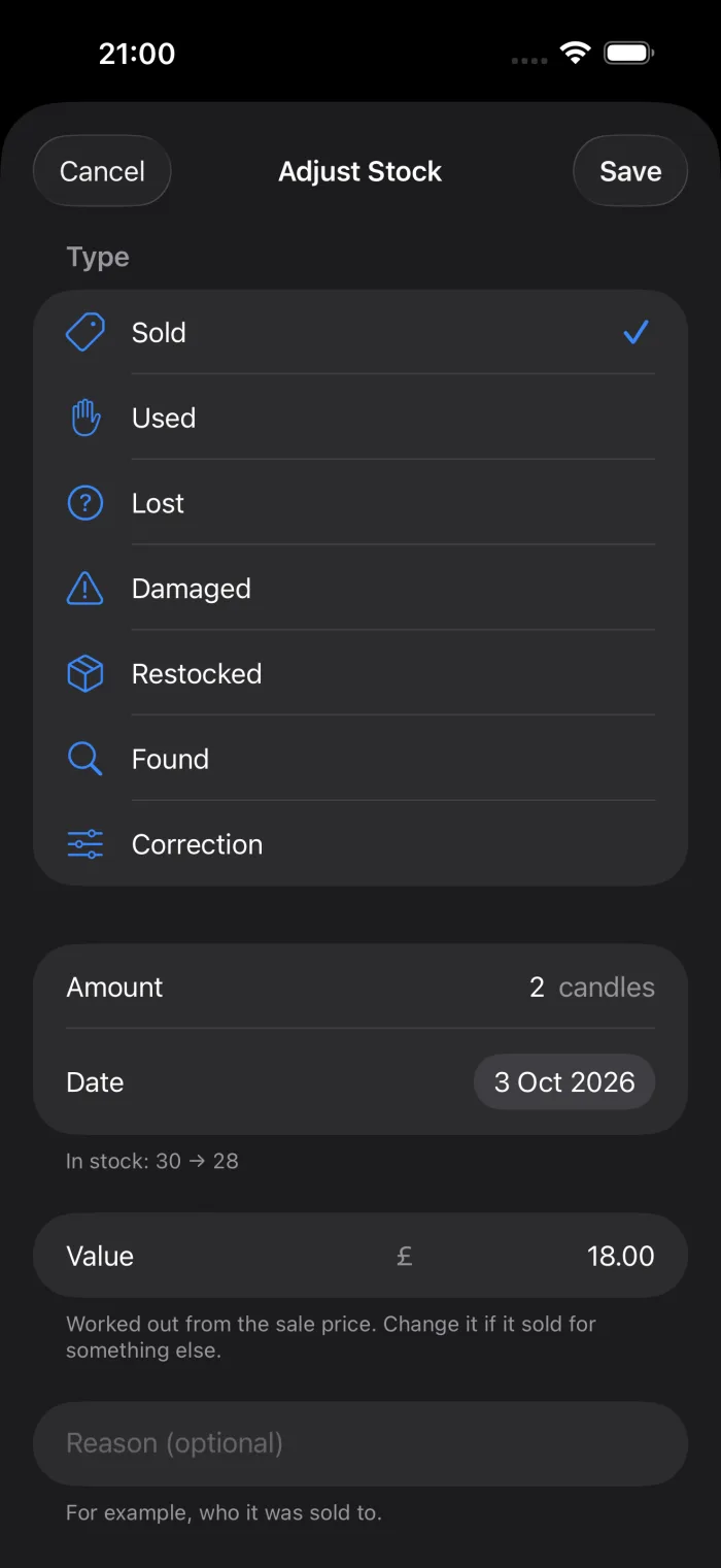 The Adjust Stock sheet in additem.to with Sold selected, an amount of 2 candles, stock going from 30 to 28, and a value of £18.00 filled in from the sale price