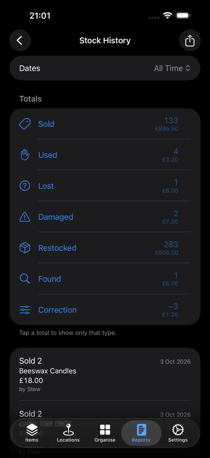 The Stock History report in additem.to showing totals for each type with money amounts, and a list of movements by date