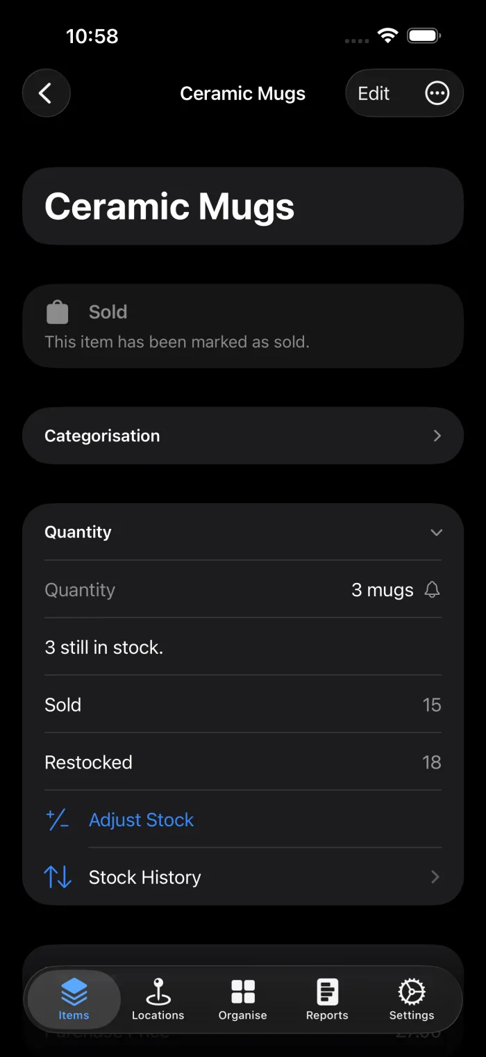 A quantity item marked Sold in additem.to, with a row saying 3 still in stock and an Adjust Stock button