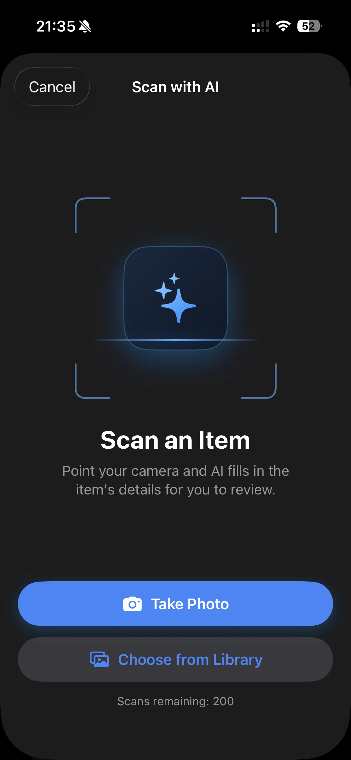 Scan with AI screen - point your camera and additem.to fills in the item's details