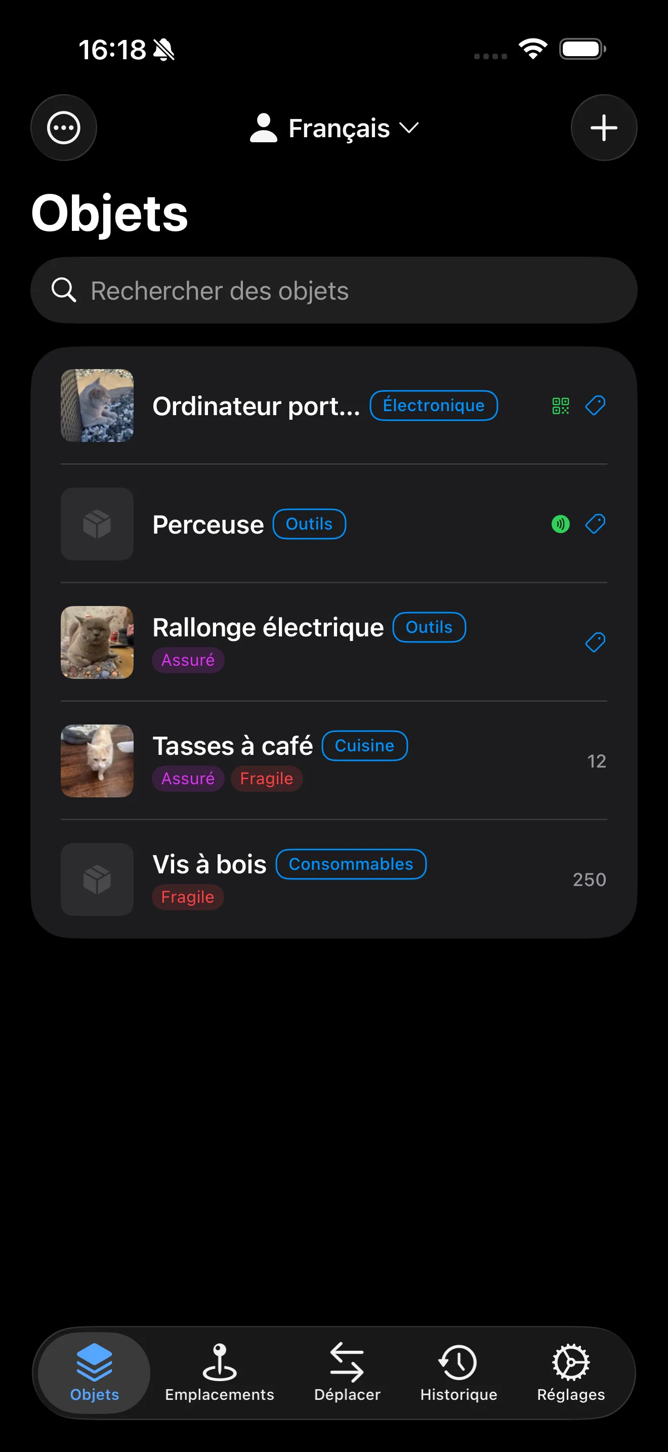 Items list in French