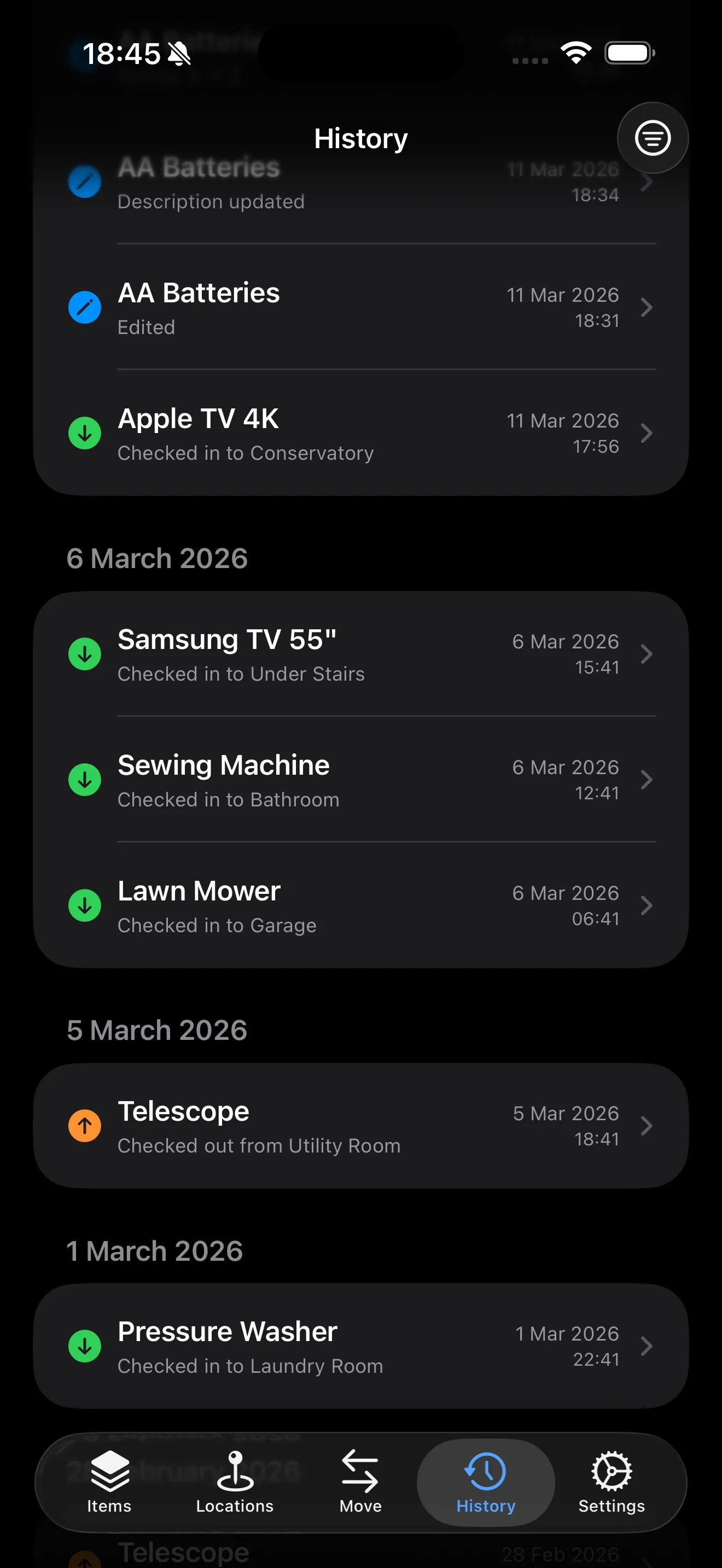 Activity history showing check-ins, edits, and changes