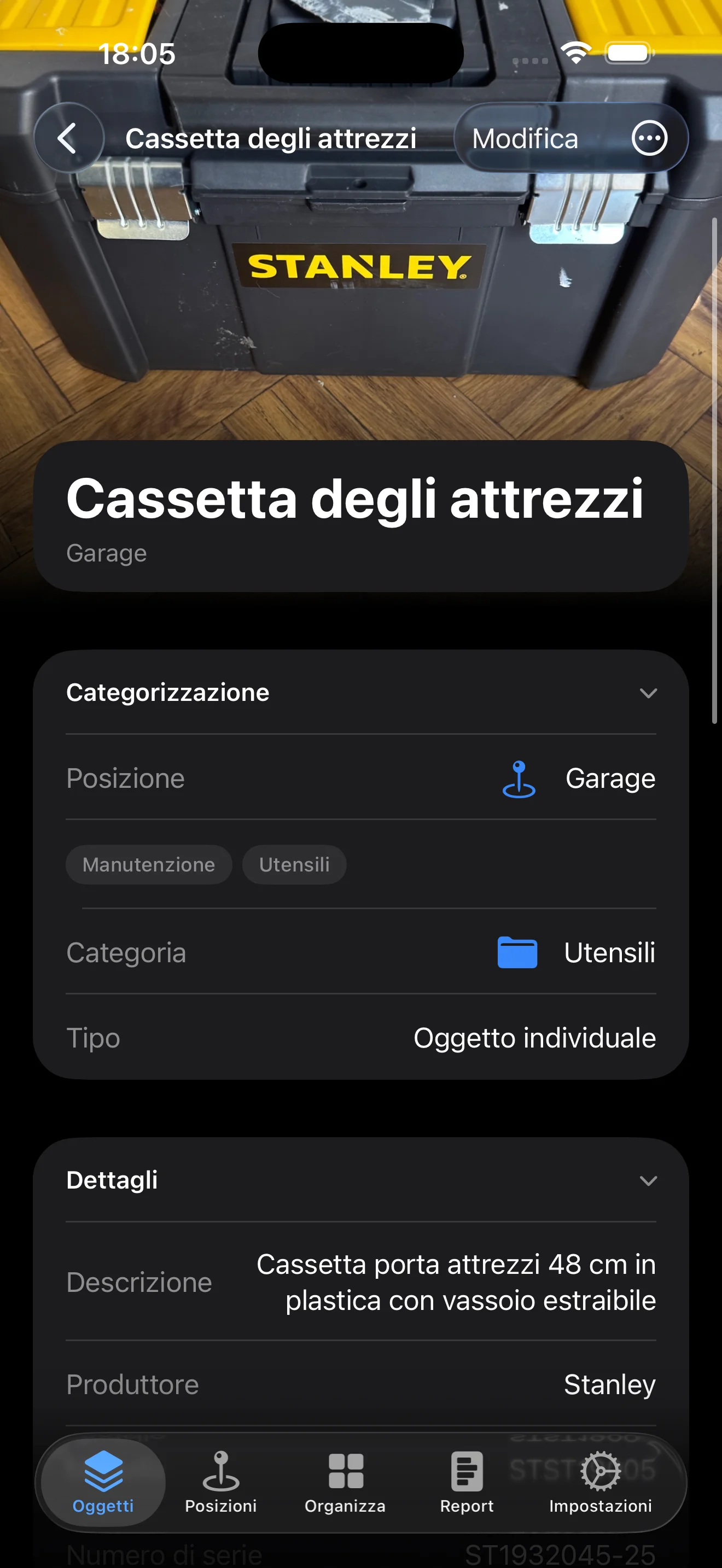 Item details in Italian