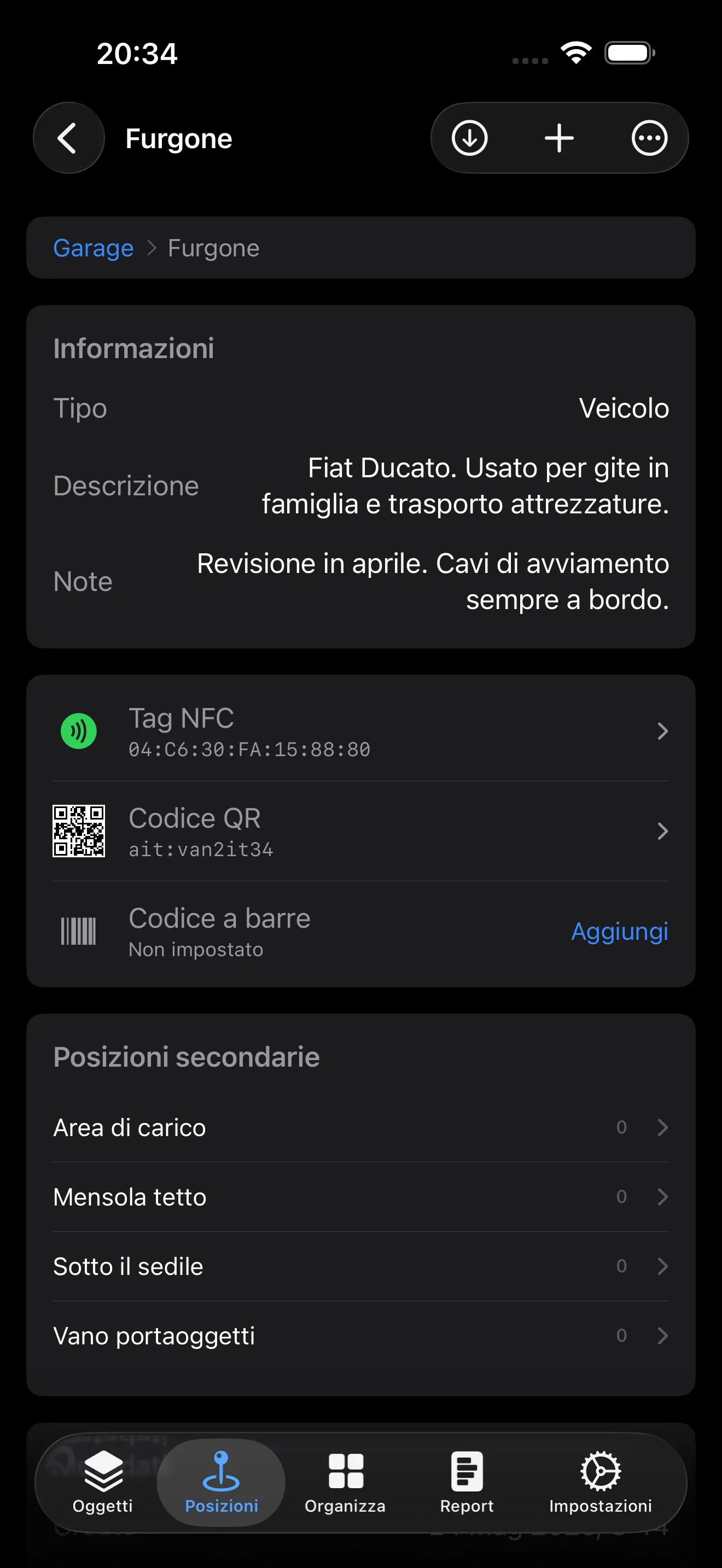 Dettagli di una posizione con tag NFC, codice QR e codice a barre