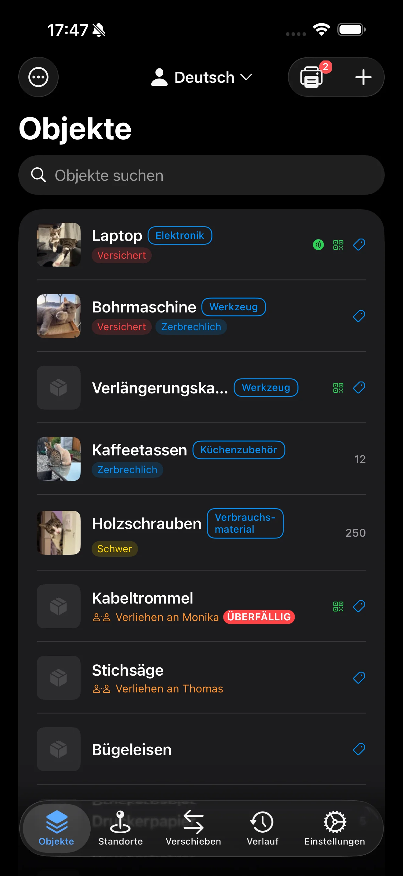 Artikelliste mit Verleihstatus und Ausleihernamen