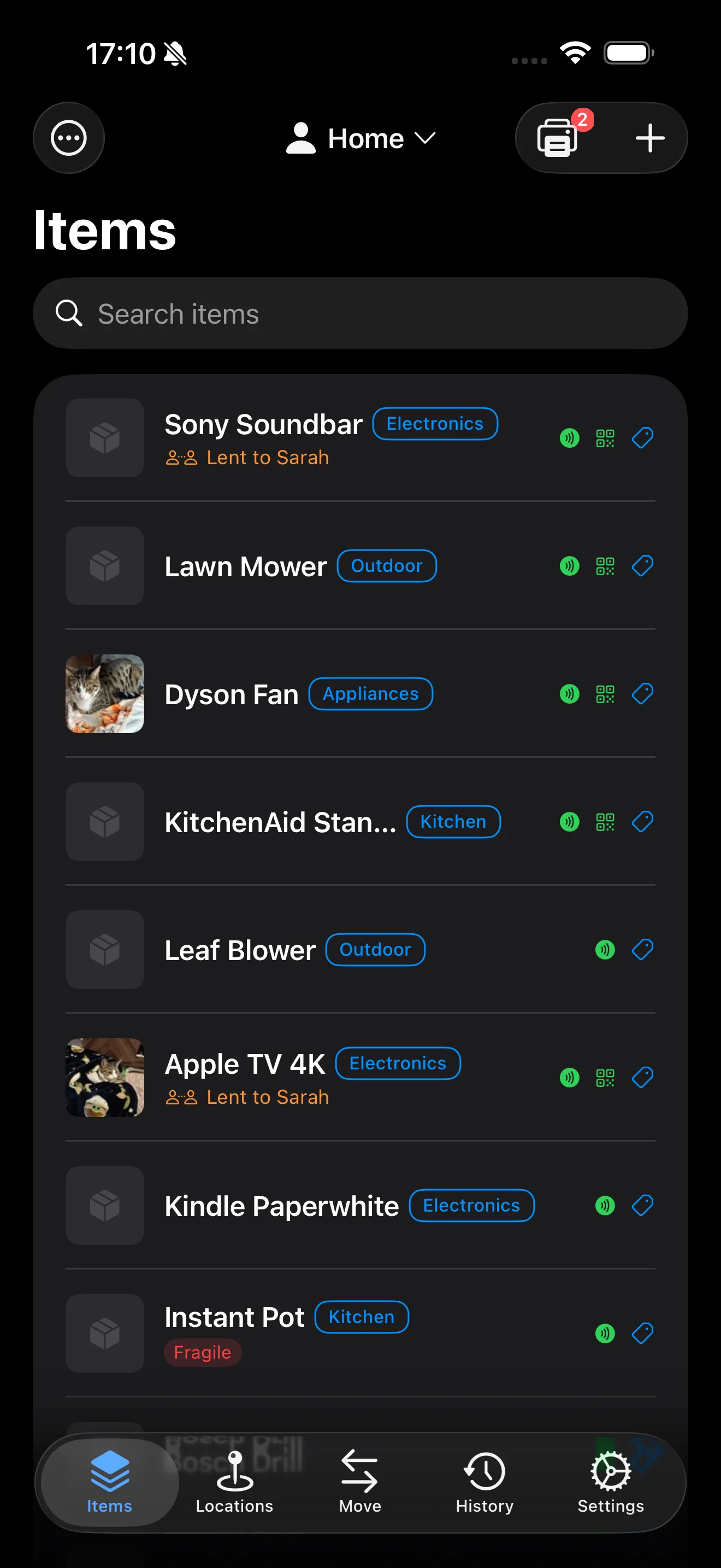 Item list showing lending status with borrower names