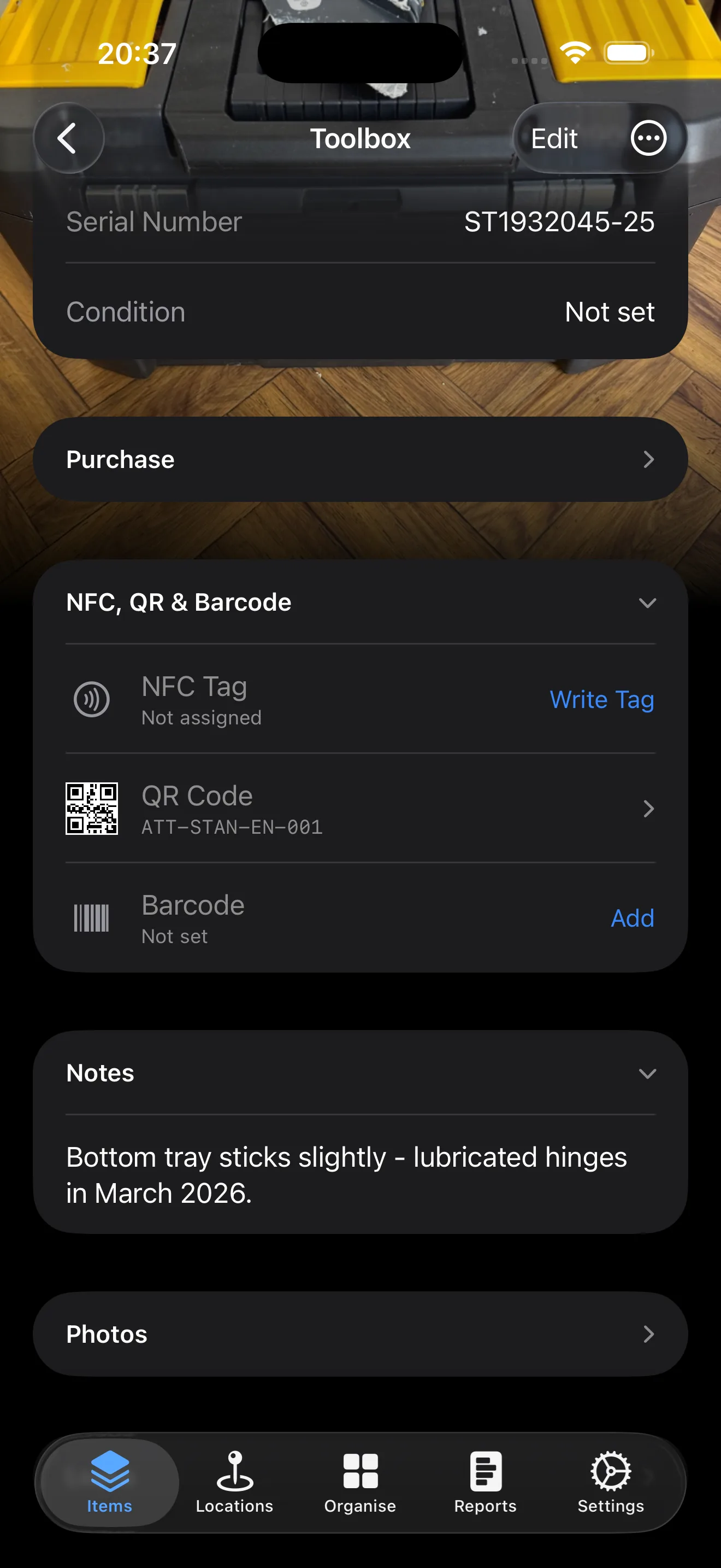 Item with NFC tag, QR code, and barcode linked