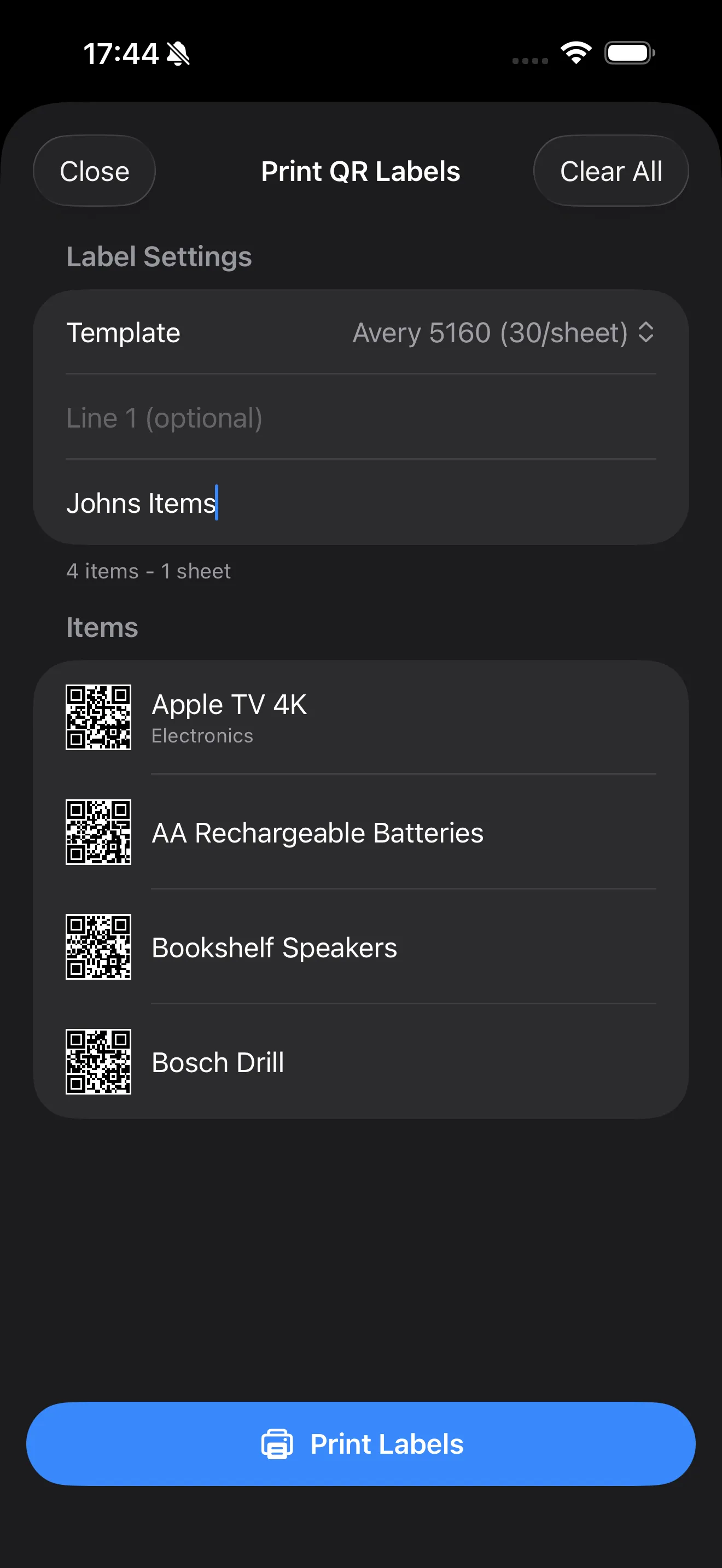 Print QR labels with Avery template selection
