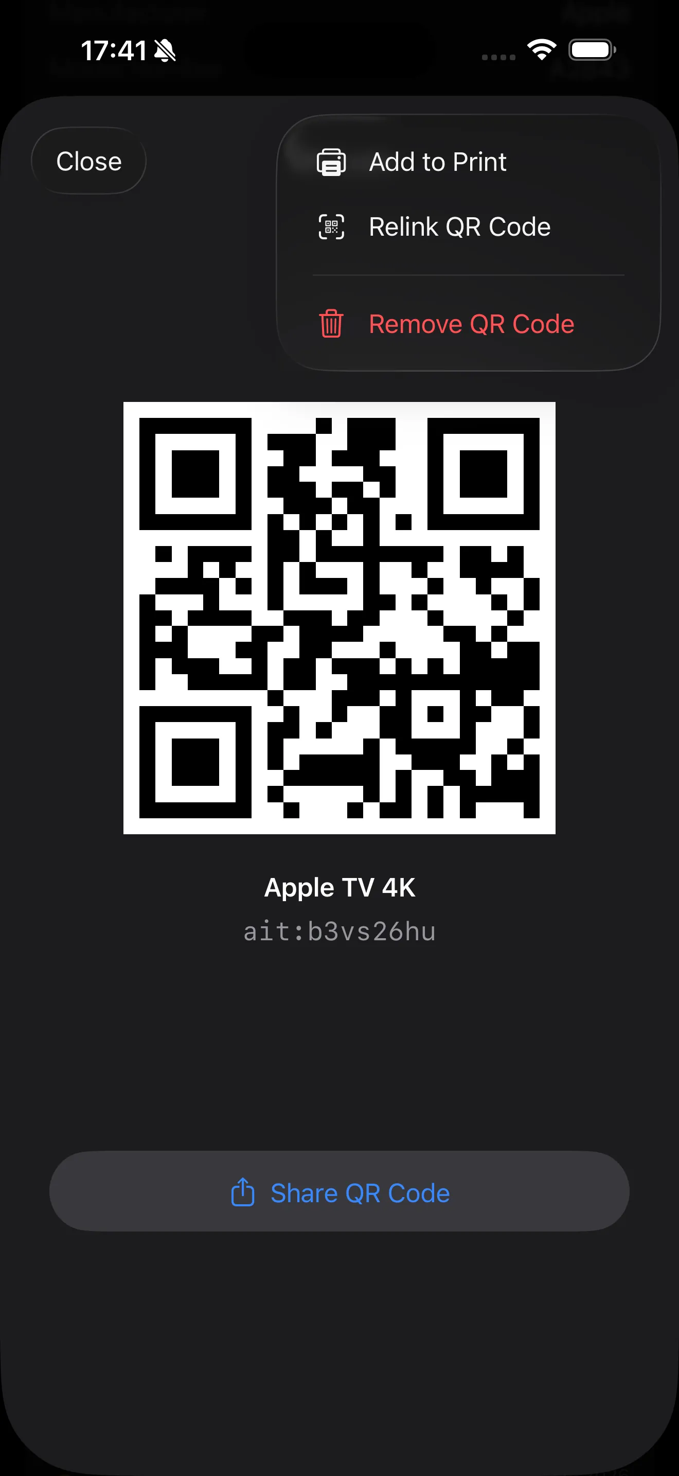 QR code generation with print and share options