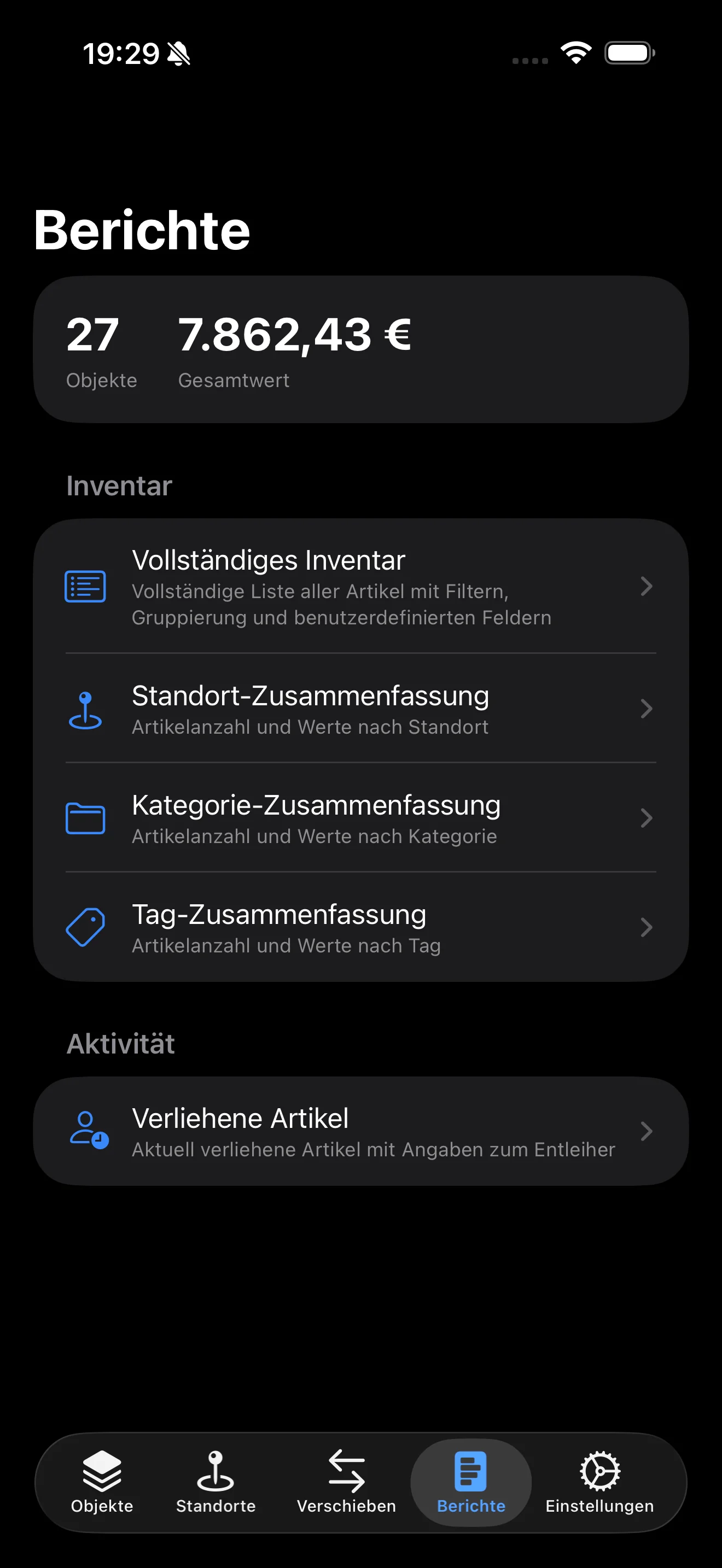 Berichte-Tab mit Artikelanzahl, Gesamtwert und Berichtsoptionen