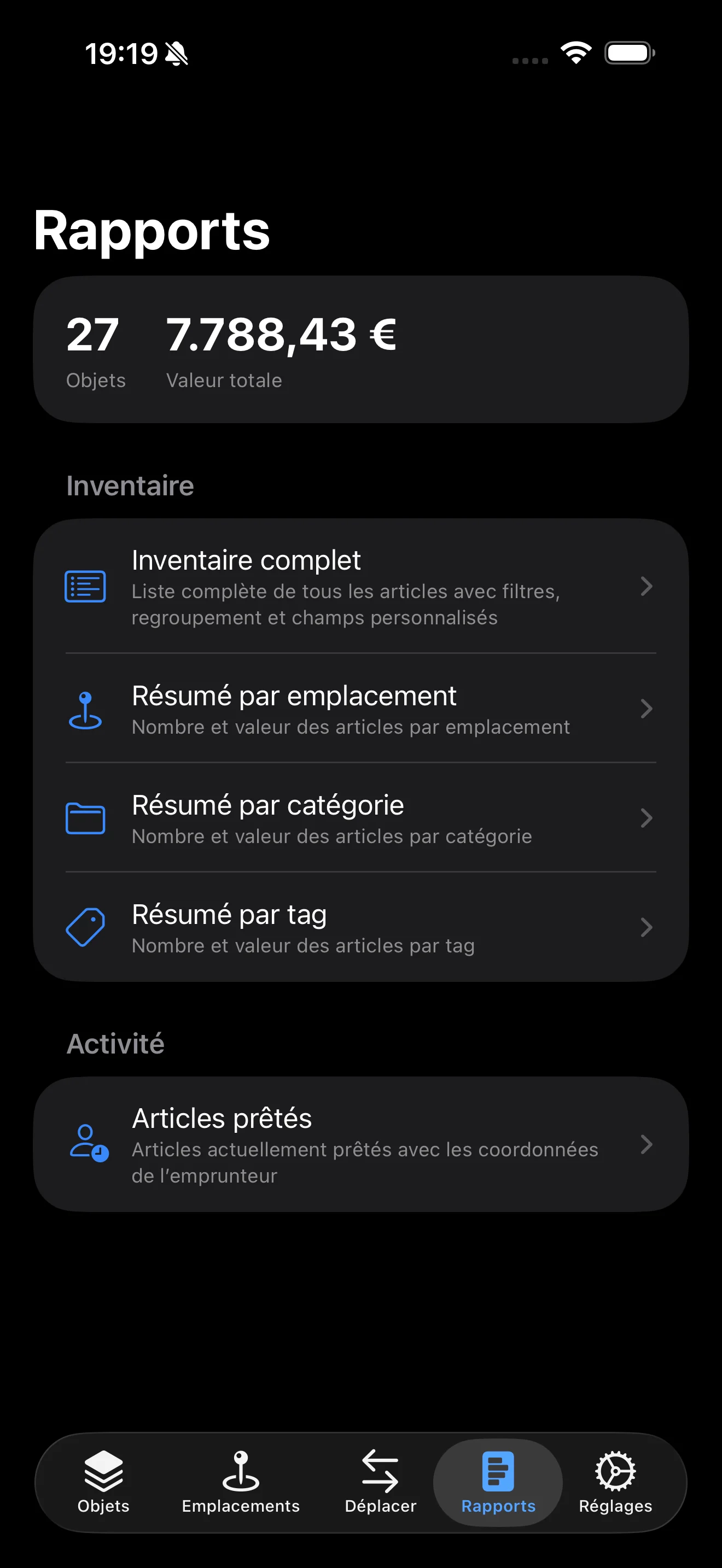 Onglet Rapports affichant le nombre d'articles, la valeur totale et les options de rapport