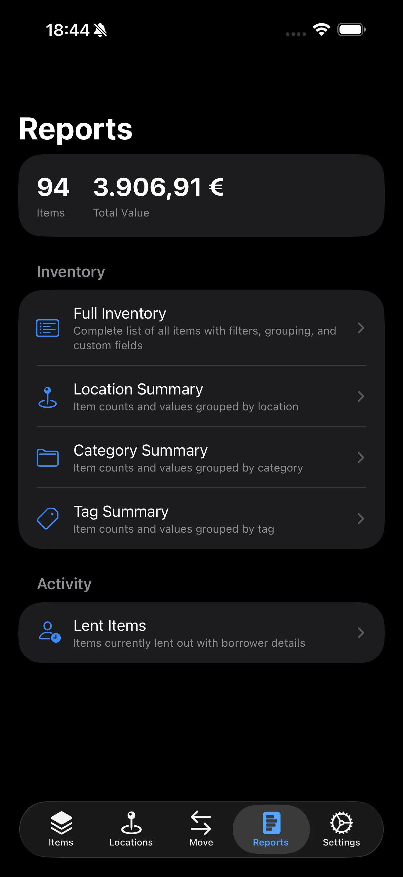 Reports tab showing item count, total value, and report options