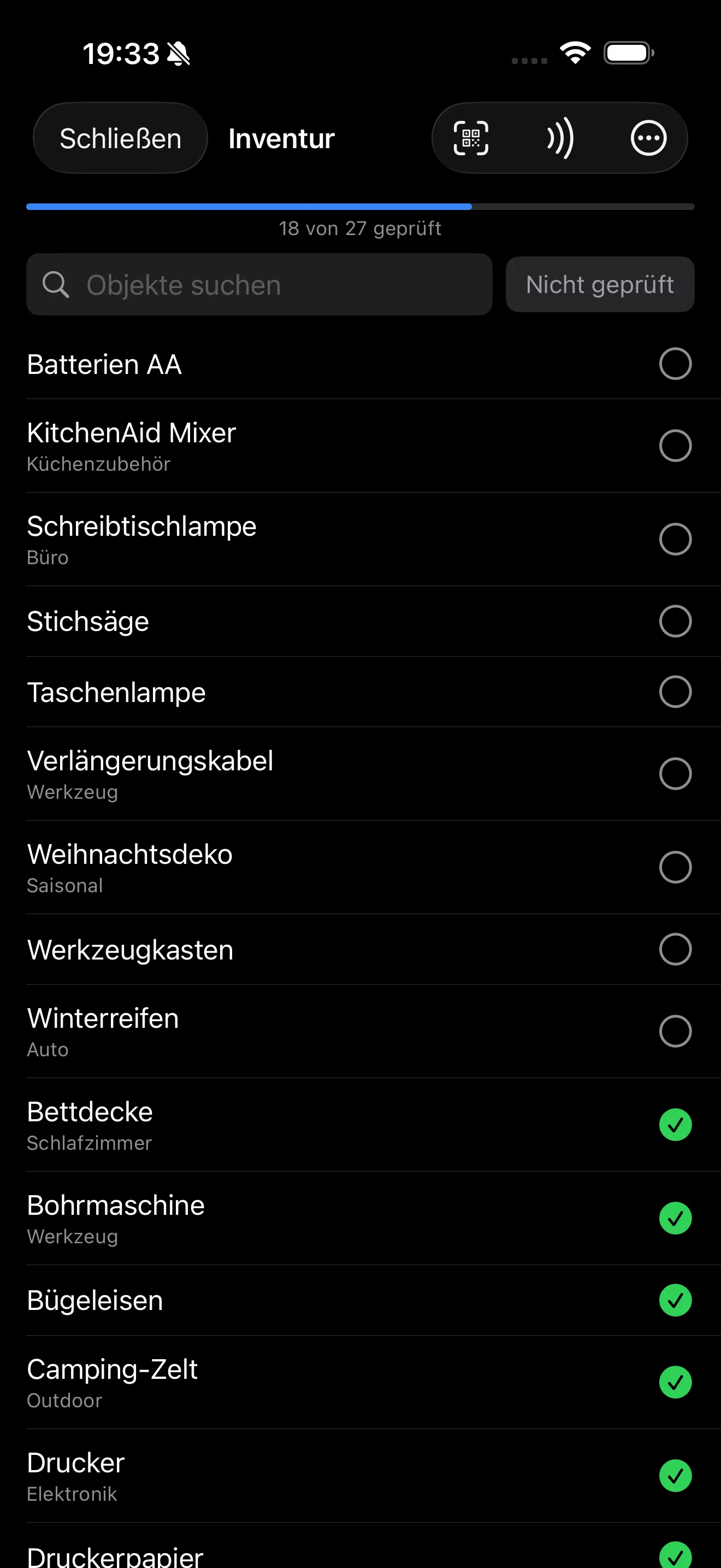Inventur-Checkliste mit gefundenen und fehlenden Artikeln