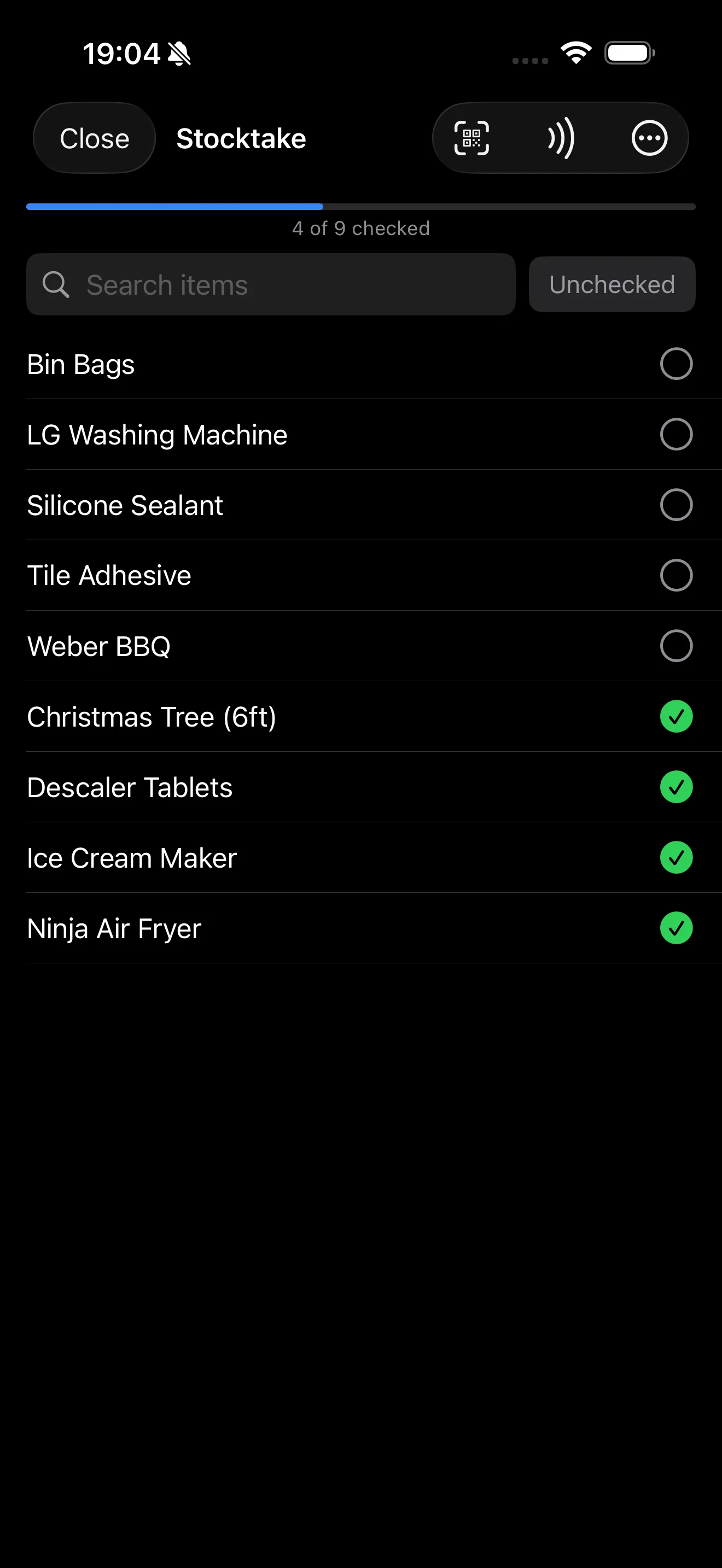 Stocktake checklist showing found and missing items