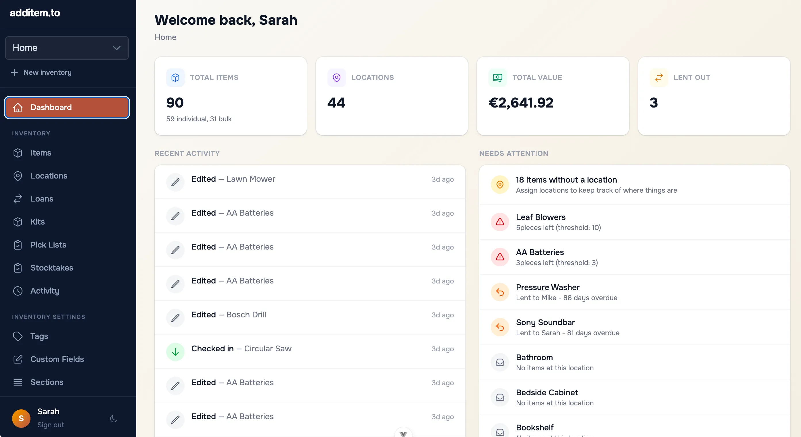 additem.to web app dashboard showing item count, total value, and locations
