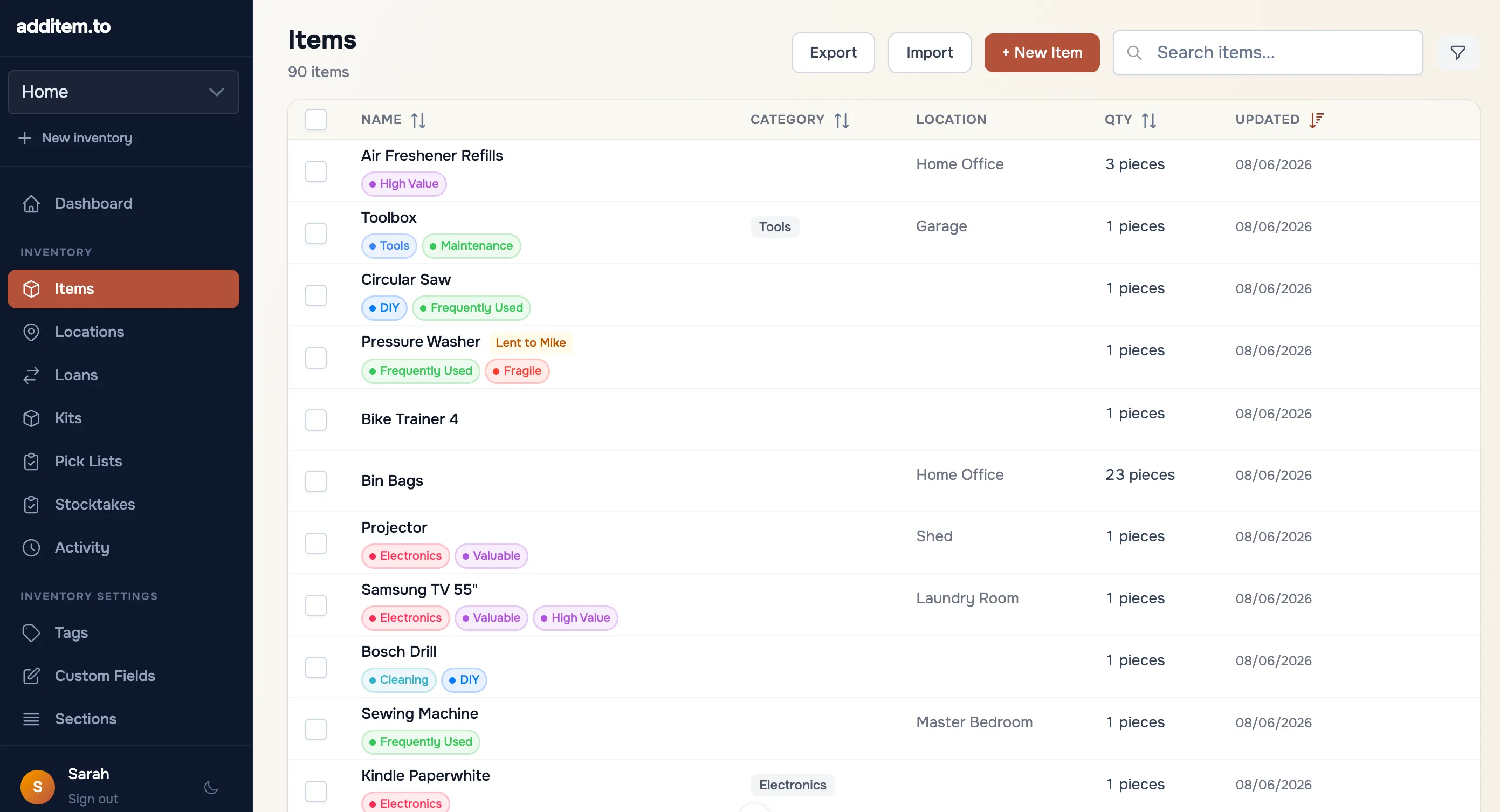 Web app items list with tags, categories, and locations