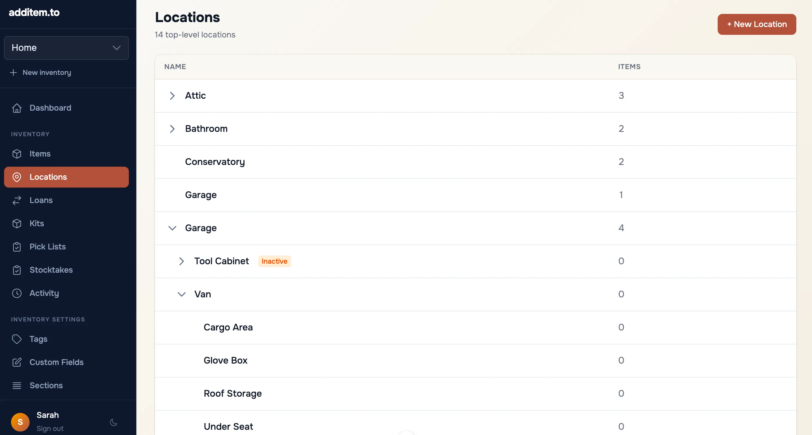 Web app locations list showing item counts per location